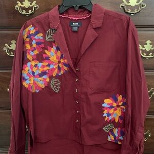 Maeve Burgundy Button-Down Shirt with Multicolor Floral Embroidery